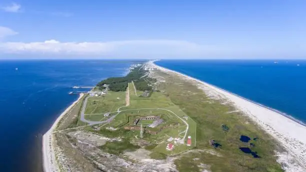 Aerial views of the beautiful Alabama beaches at Fort Morgan during August 2018