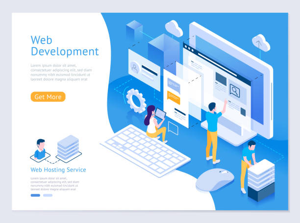 웹 디자인 및 개발 아이소메트릭 일러스트 벡터. - coding html web page computer software stock illustrations