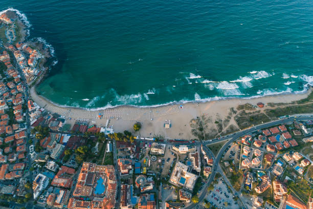 istock Aerial view looking down on Sozopol beach and sea waves 1015890494