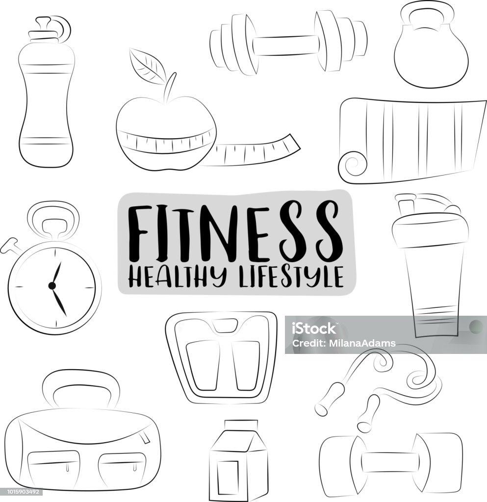 Fitness and healthy lifestyle icons set. Black and white outline coloring page. Hand drawn doodle objects. Vector illustrator. Anaerobic Exercise stock vector