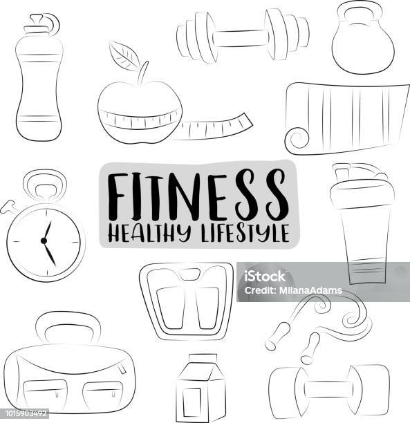 Fitness And Healthy Lifestyle Icons Set Black And White Outline Coloring Page Hand Drawn Doodle Objects Vector Illustrator Stock Illustration - Download Image Now