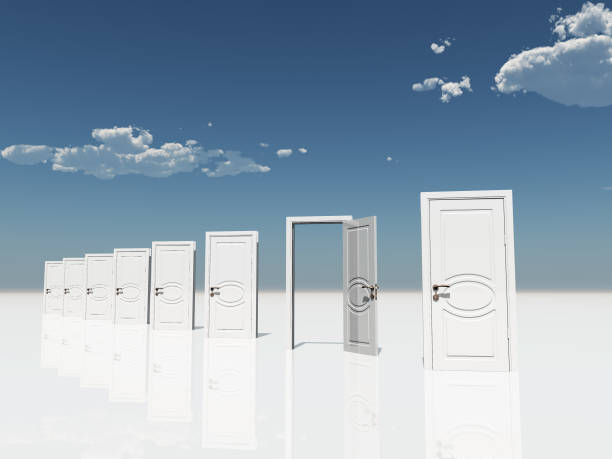 istock Single open door amongst several  in surreal landscape 1015913240