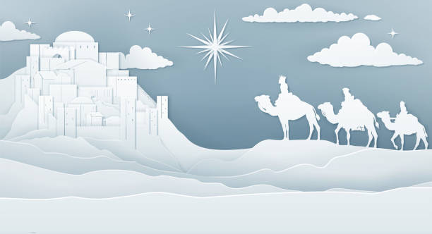 Wise Men Nativity Christmas Concept Christmas Christian Nativity Scene of three wise men magi looking up at the star of Bethlehem leading them to the birth of Jesus Christ with the city in the distance. Vintage paper art style. religious text stock illustrations