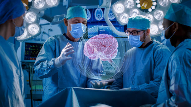 外科医は、拡張現実感、アニメーション 3 d 脳を使って脳手術を行います。ハイテク最先端の病院。未来的なテーマ。 - 脳外科手術 ストックフォトと画像