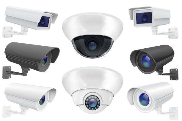 ilustraciones, imágenes clip art, dibujos animados e iconos de stock de sistema de vigilancia cctv. colección de cámaras de seguridad - cámara ilustraciones