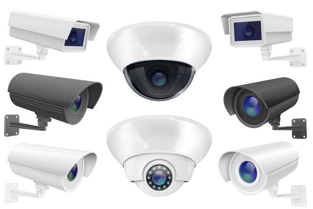 CCTV surveillance system. Collection of security camera CCTV surveillance system. Collection of security camera. Vector 3d illustration isolated on white background surveillance camera stock illustrations