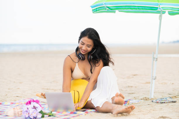 istock Plus size young woman sitting on the beach. 1015934686