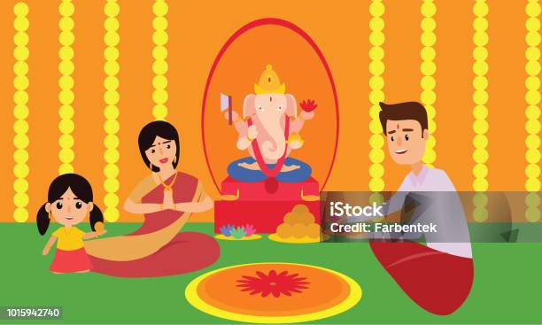 Cặp Vợ Chồng Trẻ Cầu Nguyện Lord Ganesh Hoặc Ganpati Bappa Trên Ganesh  Chaturthi Hoặc Ganesh