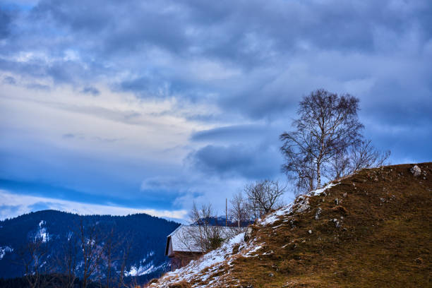 istock barn in winter on the hills 1015943138