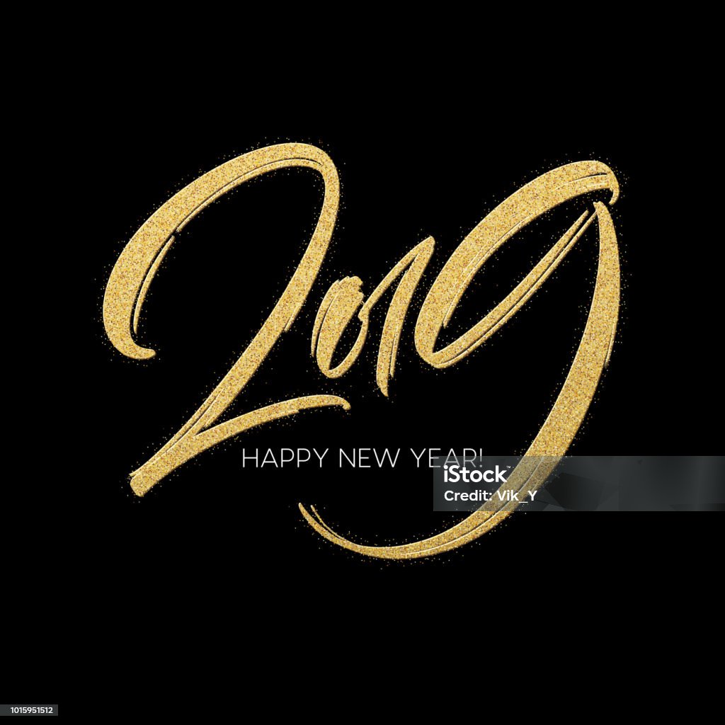 Golden glitter paint lettering calligraphy of 2019 Happy New Year on black background. Vector illustration Golden glitter paint lettering calligraphy of 2019 Happy New Year on black background. Vector illustration EPS10 New Year's Eve stock vector