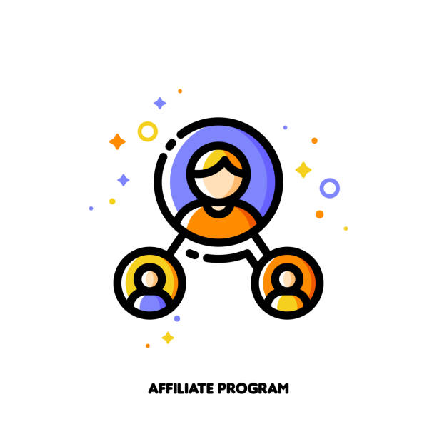 affiliate-marketing, partner-programm oder verweise netzwerkkonzept. symbol mit der gruppe von menschen. flache gefüllte umriss-stil. pixel perfect 64 x 64. editierbare schlaganfall - marketing affiliate internet business stock-grafiken, -clipart, -cartoons und -symbole