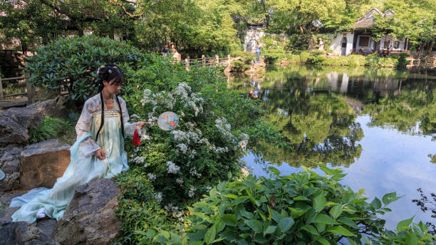 Young Chinese woman dressed with the traditional Chinese attire in a Chinese garden posing for pictures Nanjing, China - May 4, 2018: Young Chinese woman dressed with the traditional Chinese attire in a Chinese garden posing for pictures wuxi photos stock pictures, royalty-free photos & images