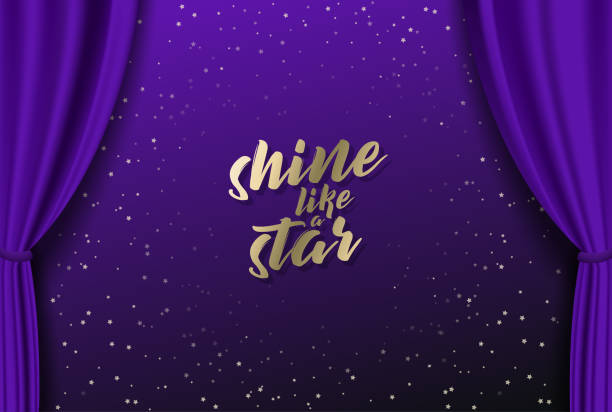 Theater stage template with purple heavy curtain and golden text. vector art illustration