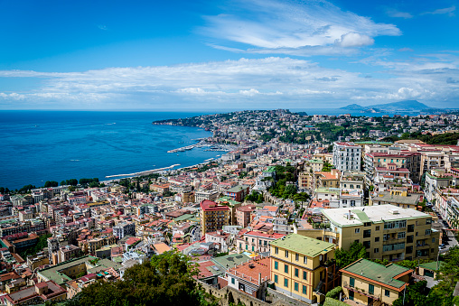 Panoramic view of the cityscape and Bay of Naples from Castle Sant'Elmo, Naples, Campania, Italy
