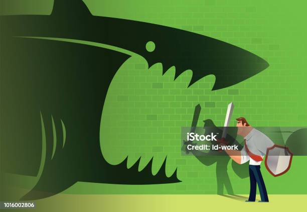 Armed Businessman Defending Angry Shark Stock Illustration - Download Image Now - Shark, Animals Attacking, Business