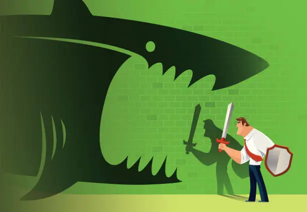 Vector illustration of armed businessman defending angry shark