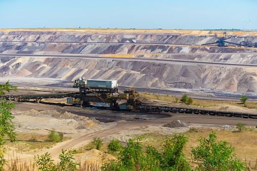 JACKERATH, GERMANY - JULY 7, 2018: Large conveyor-belt in the Garzweiler tagesbau (day mining) mine