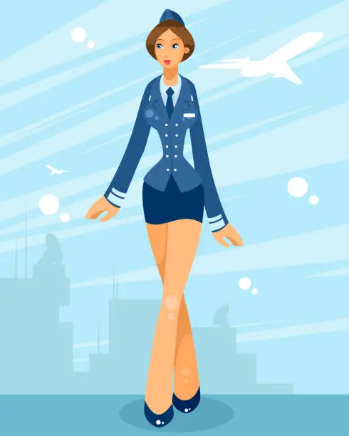 Vector illustration of Stewardess in background of airfield