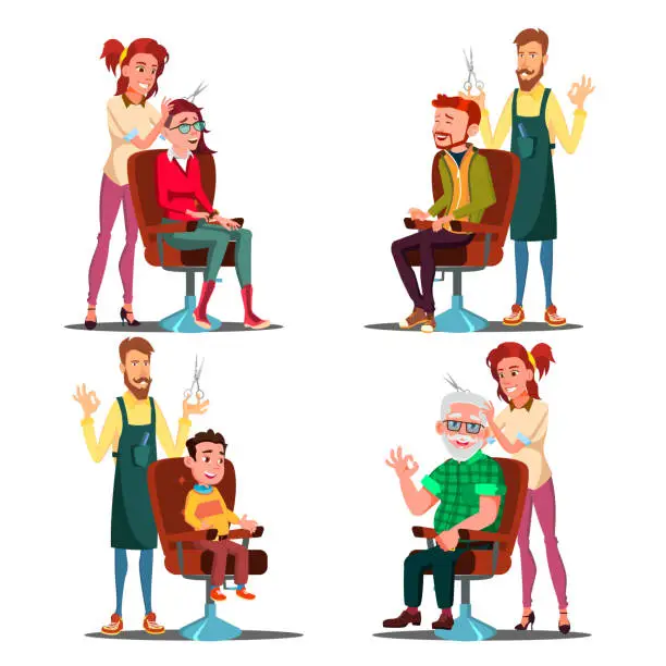 Vector illustration of Hairdresser With Client Set Vector. Boy, Teen, Woman, Old Man. Professional Fashion Stilist. Service. Isolated Flat Cartoon Illustration