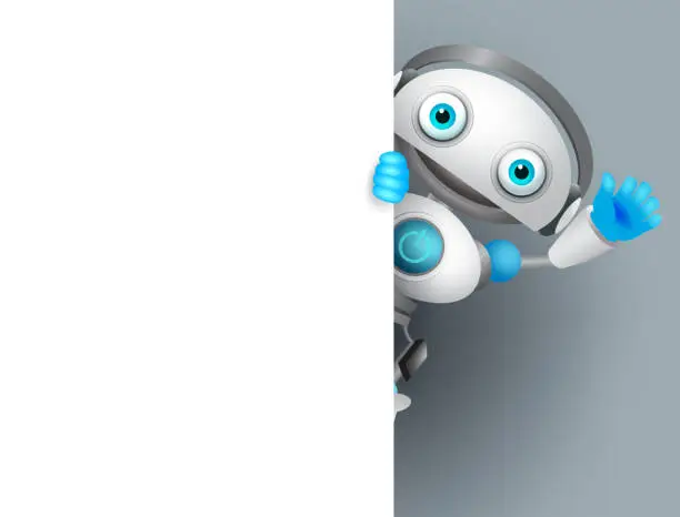 Vector illustration of Robot vector character holding white board with empty space for text