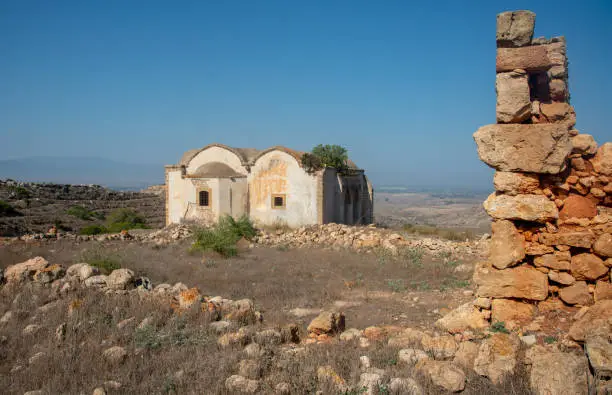 Ruins of an Abandoned and deserted church of Ayios Georgios Righatos at Pentadakylos mountains in Kerynia district, Northern Cyprus