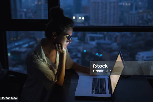Woman Is Working With Laptop At Home During Night Stock Photo - Download Image Now - Night, Working Late, Women