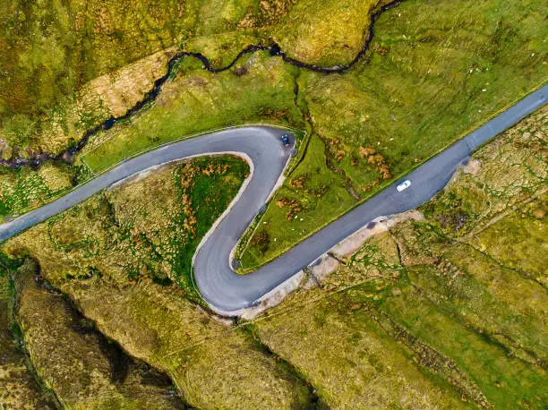 Road winding in Connemara region in Ireland. Scenic Irish countryside landscape, view from above, County Galway, Ireland.