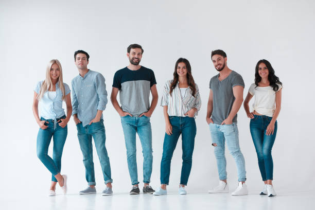 group of young people on white background - people in a row group of people in a row togetherness imagens e fotografias de stock