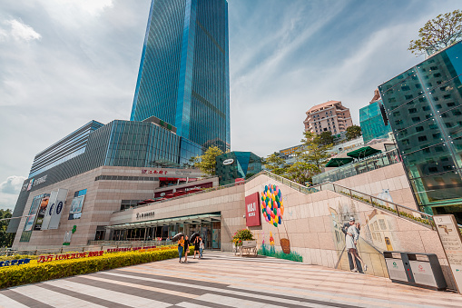 July 21, 2018 : Street view of Huaqiang Road in Futian District in Shenzhen, China. City street and architectures around Huaqiang Road in day time.