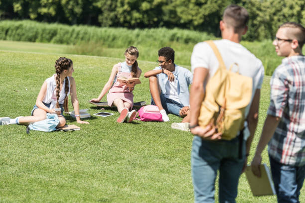 istock multiethnic teenage students sitting on grass and studying while classmates walking on foreground in park 1016065636