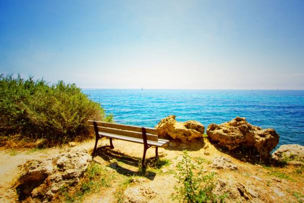 Public bench overlooking the Mediterranean Sea