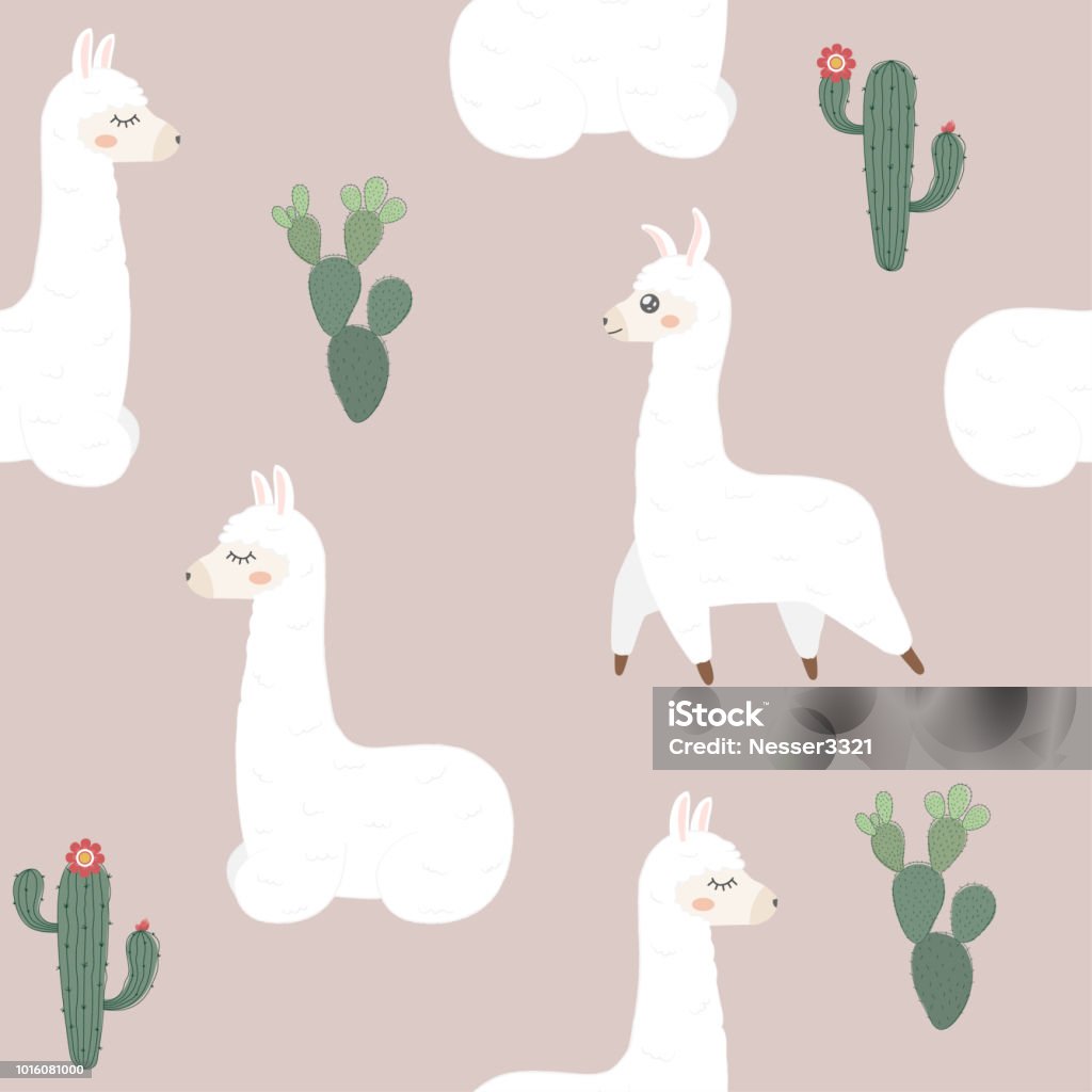 Seamless pattern. Cute llama and cactus. Alpaca stock vector