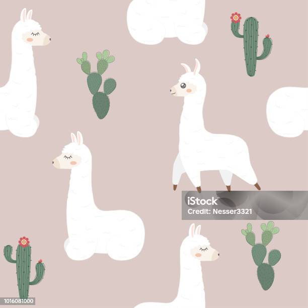 Seamless Pattern Cute Llama And Cactus Stock Illustration - Download Image Now - Alpaca, Animal, Animal Wildlife