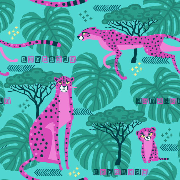 Seamless pattern with cheetahs, leopards in the jungle. Repeated exotic wild savanna cat. Vector stylized illustration in bright pink and turquoise color Seamless pattern with cheetahs, leopards in the jungle. Repeated exotic wild savanna cat. Vector stylized illustration in bright pink and turquoise color. mountain lion tree stock illustrations