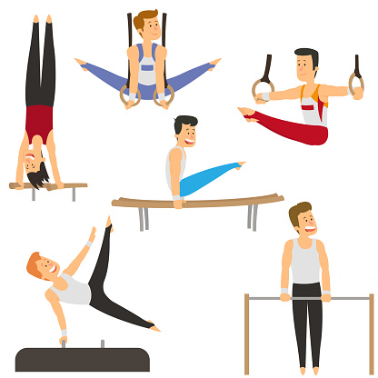 Gymnasts doing strength exercises on sports equipment. vector illustration.