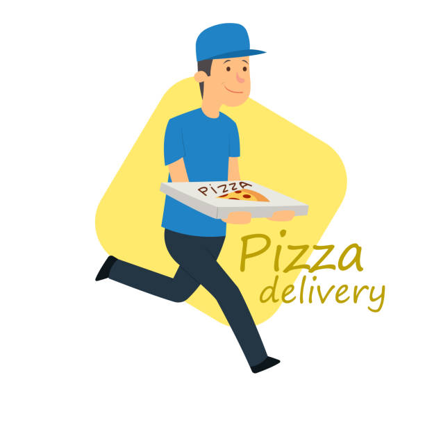 mann mit einem feld von pizza. - pizza delivering running men stock-grafiken, -clipart, -cartoons und -symbole