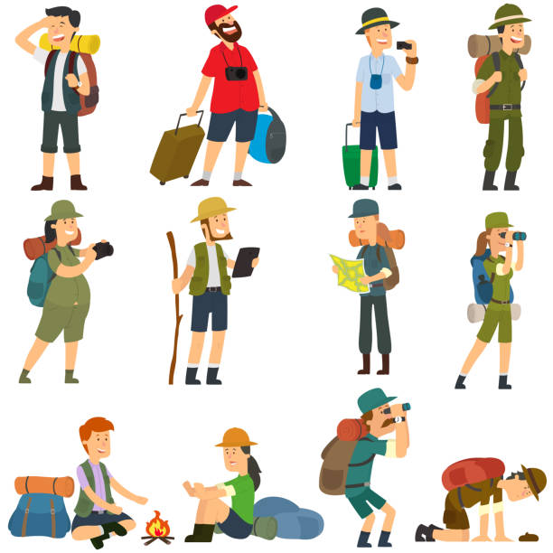 People with backpacks are hiking. People with backpacks are hiking. Men and women in camp clothes isolated on white background. vector illustration. man mountain climbing stock illustrations