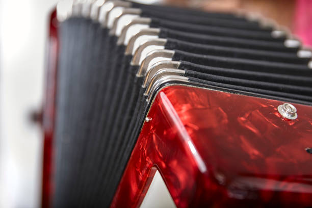 side view of a red accordion stock photo