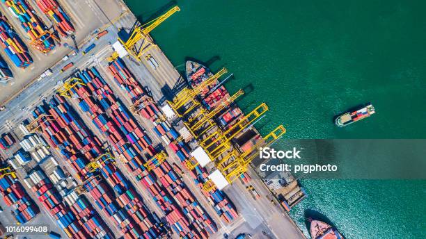 Top View Aerial View Of Deep Water Port With Cargo Ship And Container Stock Photo - Download Image Now