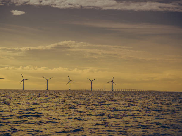 istock Wind turbines power generator farm along coast sea 1016103430
