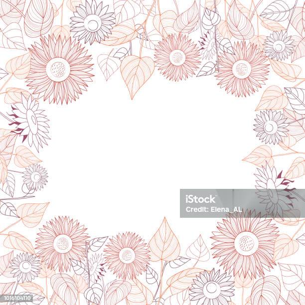 Square Frame Of Sunflowers Line Drawing On White Background Autumn Hand Drawn Vector Stock Illustration - Download Image Now