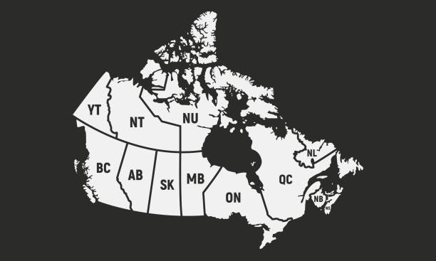 ilustrações, clipart, desenhos animados e ícones de mapa de cartaz do canadá com nomes curtos de províncias e territórios. fundo canadense. ilustração vetorial - manitoba map canada outline