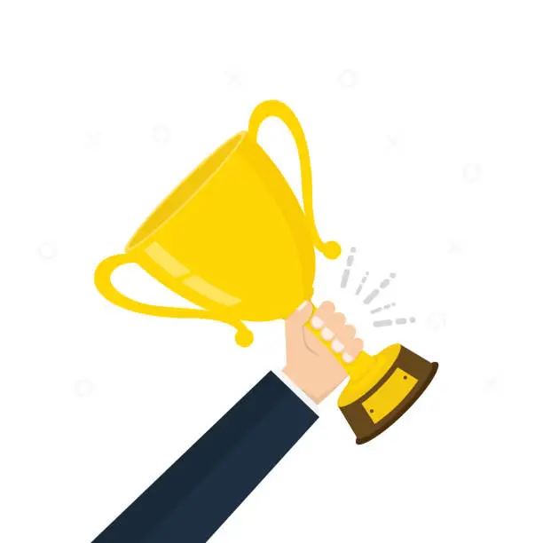 Vector illustration of Creative concept on businessman hand holding gold cup award icon. Winner prize goblet. First place champion trophy reward. Success and business goals Vector illustration.