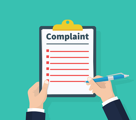 Complaint concept. Claim petition. Man hold clipboard in hand wrote a complaint. Flat design, vector illustration on green background