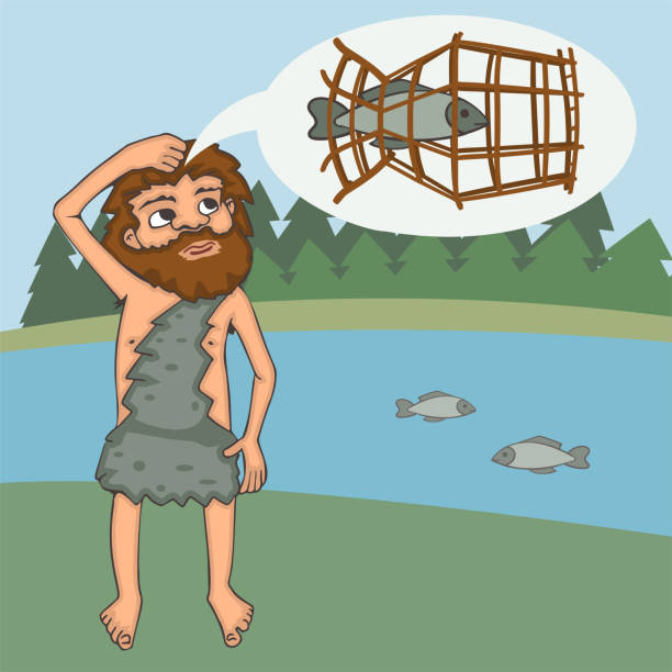 석기 시대 발명가 벡터 만화 - fish trap stock illustrations