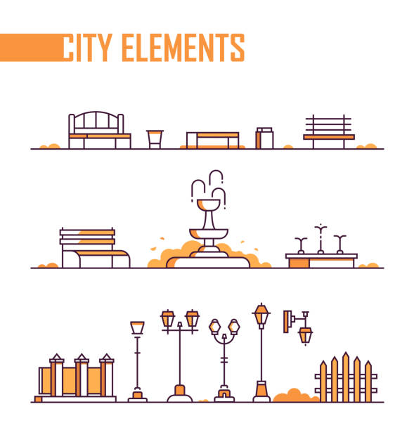 Set of city elements - modern line design style objects vector art illustration