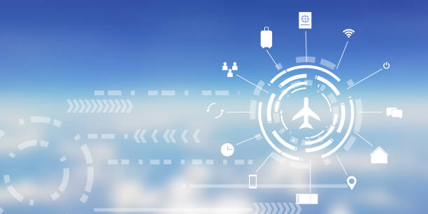 abstract blurred sky and cloud view form window seat airplane on sunny day with virtual interface of air transportation symbol technology or business travel concept