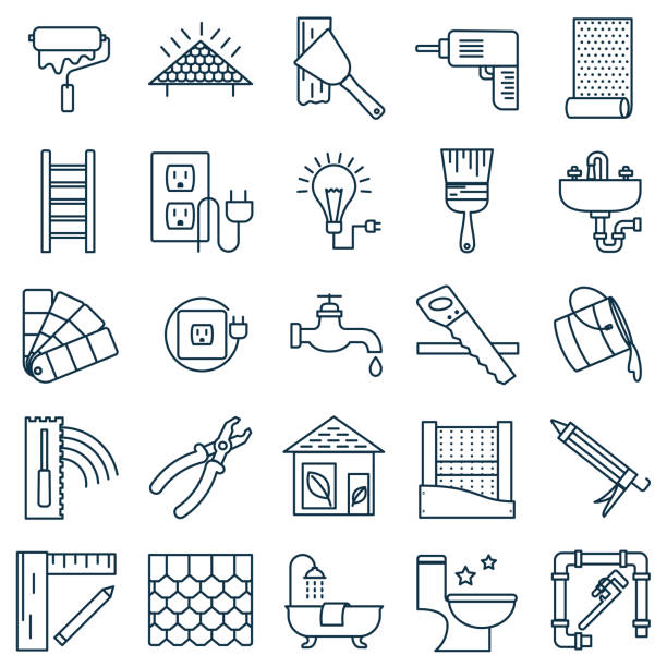 stockillustraties, clipart, cartoons en iconen met dunne lijn home improvement diy pictogram - ladder gefabriceerd object