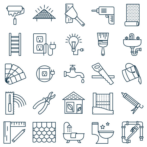 тонкая линия главная улучшение diy значок - construction computer icon symbol paintbrush stock illustrations