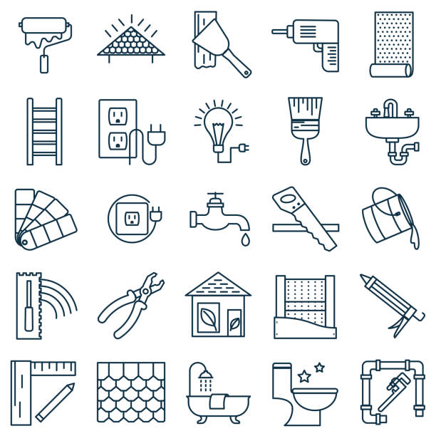 Thin Line Home Improvement DIY Icon Home improvement thin line flat design icon. Cute simple icon with bold color electrical outlet illustrations stock illustrations